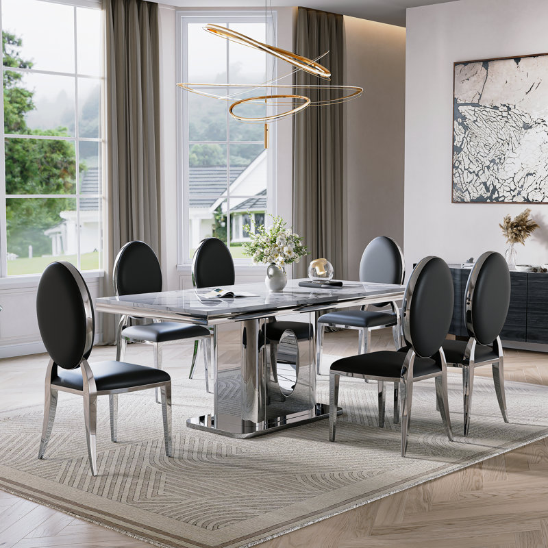 70.08" Dining Table Set Of 6,Rectangle Faux Marble Table And 6 Faux Leather Dining Chairs With Stainless Steel Base, Silver