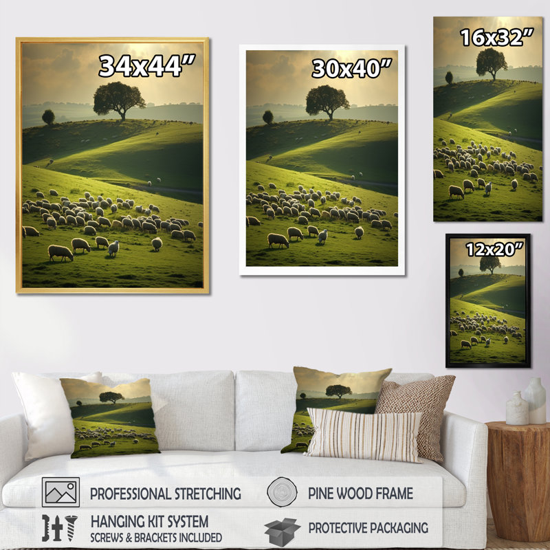 «Pastoral Bliss Sheep Landscape II», reproductions d'art mural animaux, H 32 po x l 16 po x P 1 po, Cadre flottant noir