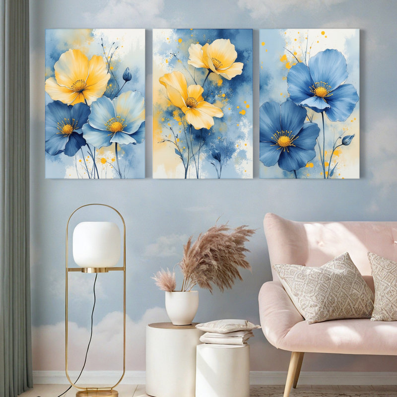 «Blue and Yellow Floral», reproduction d'art sur toile abstraite (ensemble de 3), H 24 po x l 48 po