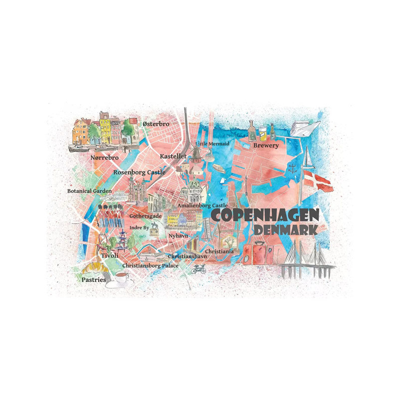 Copenhagen Denmark Illustrated Map With Main Roads Landmarks And Highlights by Markus & Martina Bleichner - Wrapped Canvas Gallery-Wrapped Canvas Giclée