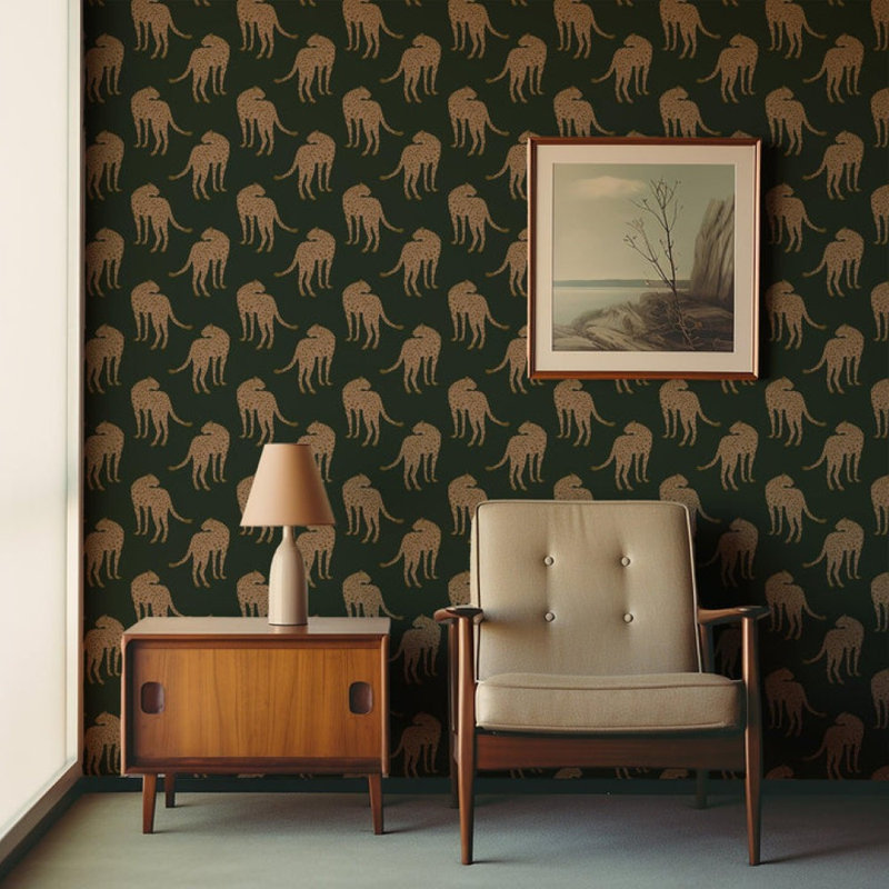 Prowling Cheetah - Wallpaper, Juniper, Faux Grasscloth