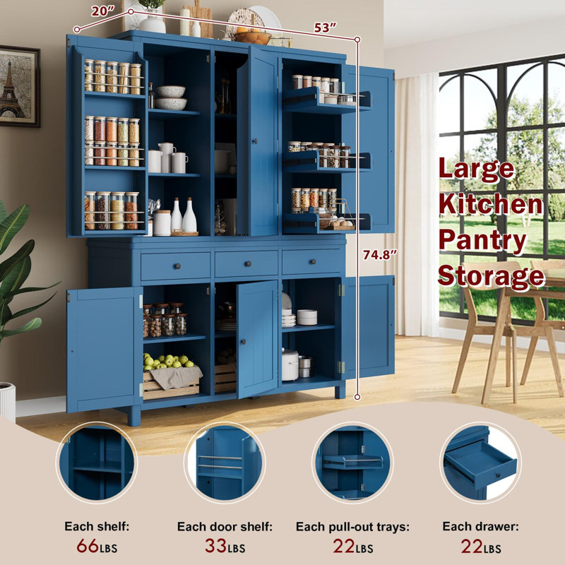 Garde-manger autoportant Farmhouse avec tablettes réglables et plateaux coulissants, Bleu