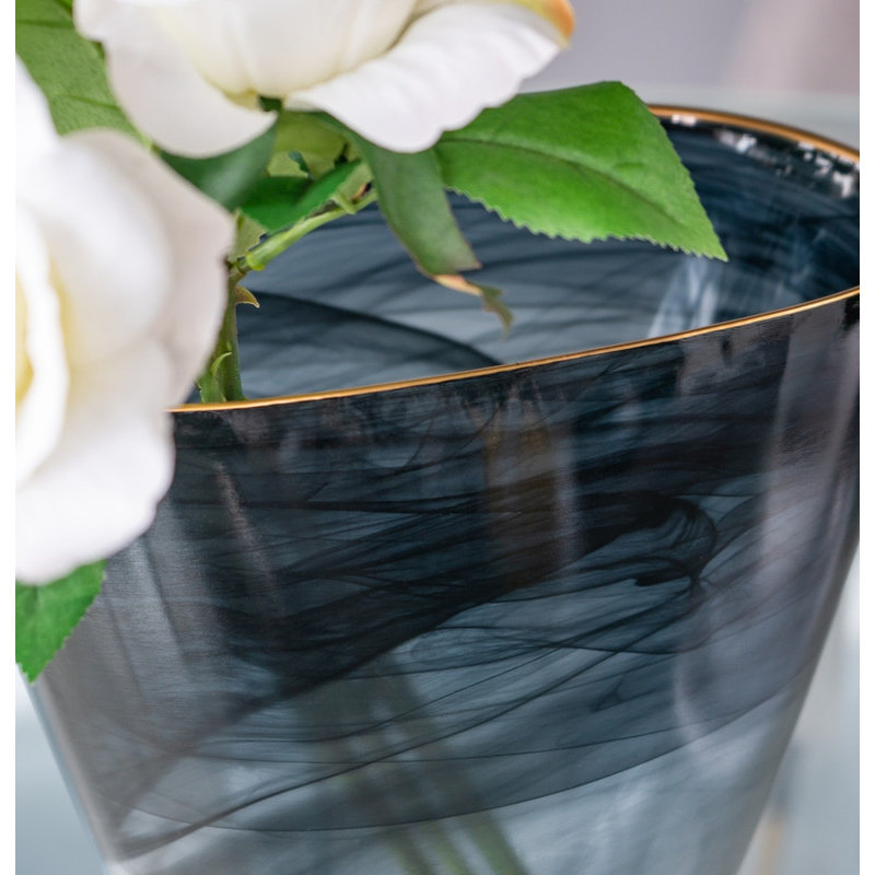 9.3x4.7x9.3" Smokey Black Glass Vase w/ Gold Rim