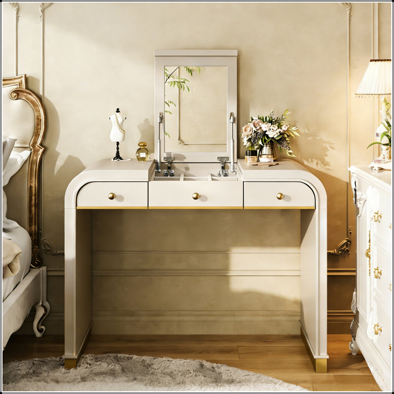3-in-1 Classic Wood Vanity Desk with Flip Mirror,2 Drawers and Storage Space for Bedroom, Champagne