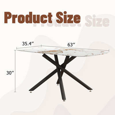 Modern Faux Mable Pattern Tempered Glass Dining Table with Metal X-Shaped Cross Base