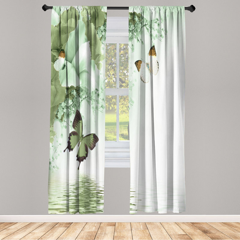 Microfiber Floral Semi-Sheer Rod Pocket Curtain Panels, 28" W x 95" L, Dark Green/Mint
