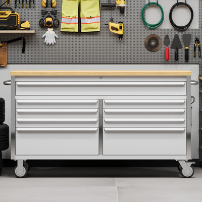61-Inch Rolling Tool Chest with 15 Drawers – Sturdy Rubber Wood Worktop – Locking Wheels – Power Outlets & USB Ports – Heavy Duty Metal Storage Cabinet Workbench for Garage & Workshop, Silver, U.S. Regulations