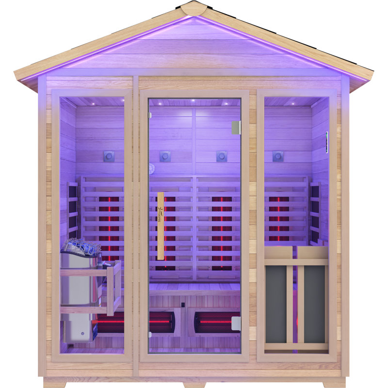 Sauna d'extérieur en cèdre rouge et en pruche pour 3-4 personnes avec infrarouge lointain, radiateur TOULE 6Kw et contrôleur à pavé tactile