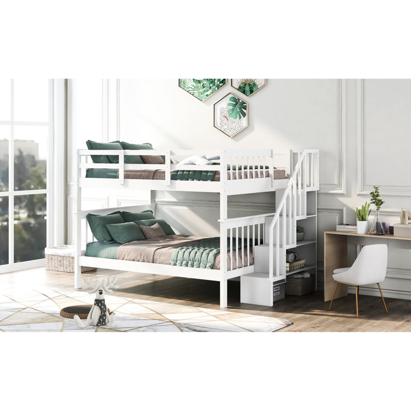 White Stairway Bunk Bed With Useful Storage And Dependable Guard Rail For Bedroom Dorm, - Spacious Safe Sleeping Solution Functional Design