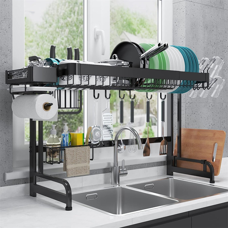 Adjustable Black Stainless Steel Over Sink Dish Rack with Utensil Cup