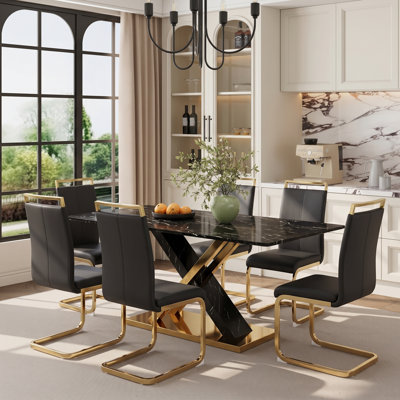 Modern 7-Piece 63" Rectangular Faux Marble Tempered Glass Dining Set with Faux Leather Cantilever Chairs