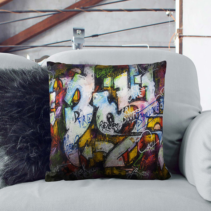 Wall Graffiti Cushion with Filling, Black, 55cm H x 55cm W x 20cm D