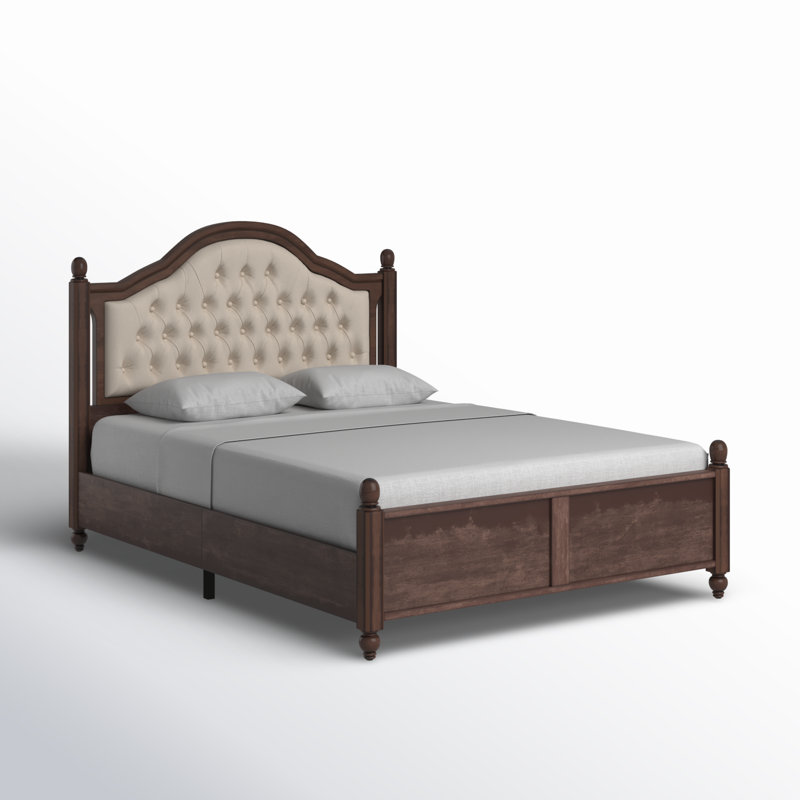 Walnut Queen Bed Frame with Upholstered Headboard and Wood Slat Support
