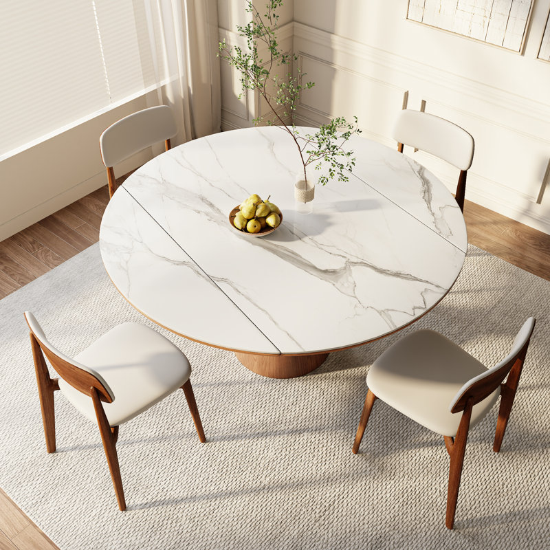 Extendable Dining Tables For 4 To 8 Rectangular To Round 31.15" To 53.15" Sintered Stone Kitchen Table, White