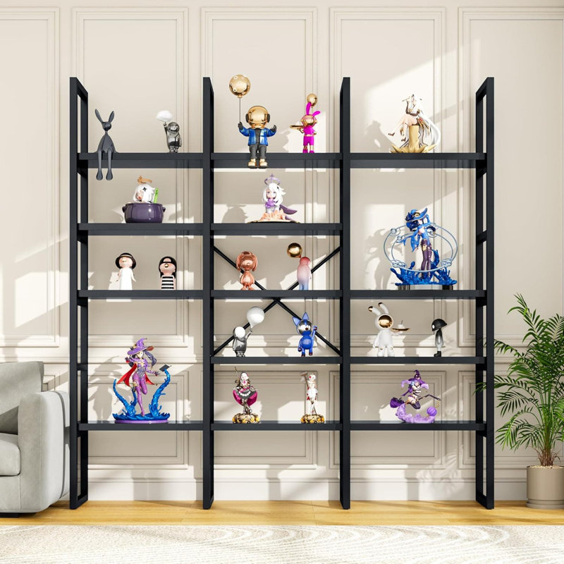 5-Tier Geometric Bookcase With Metal Frame, 71 Inch Tall Industrial Bookshelf For Living Room, Office, And Bedroom Storage