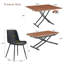Ensemble de table et de chaises. Plateforme de levage multifonctionnelle moderne, plateau en panneau de fibres à densité moyenne avec autocollant grain de bois de noyer, pieds en métal noir, jumelé à 4 chaises en polyuréthane artificiel noir avec coussins arrondis.-192765192-192765207-192765196