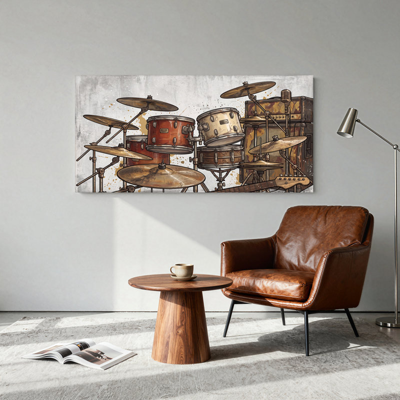 Tableau sur toile représentant une batterie et un amplificateur brun et or, L 32 po x H 16 po