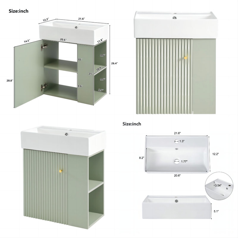 21.6 inch Modern Floating Bathroom Vanity with Ceramic Basin - Perfect for Small Bathrooms, Right side storage, Green