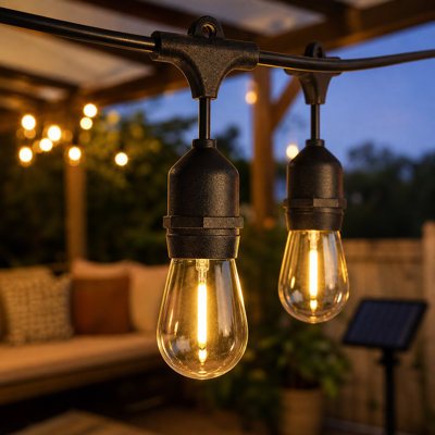 48ft 15-Bulb Solar-Powered Outdoor Standard String Lights Warm White Glow, Shatterproof, Dusk to Dawn On/Off