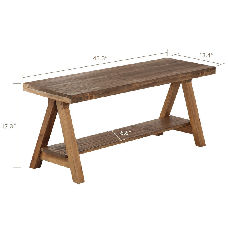 Farmhouse Wood Bench, 17.3" H x 43.3" W x 13.4" D