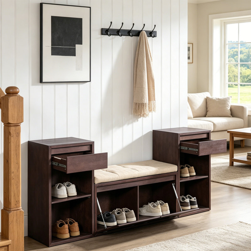 Banc de rangement pour chaussures 3 en 1 avec coussin, banc d'entrée en bois massif avec tiroirs et tablettes ouvertes