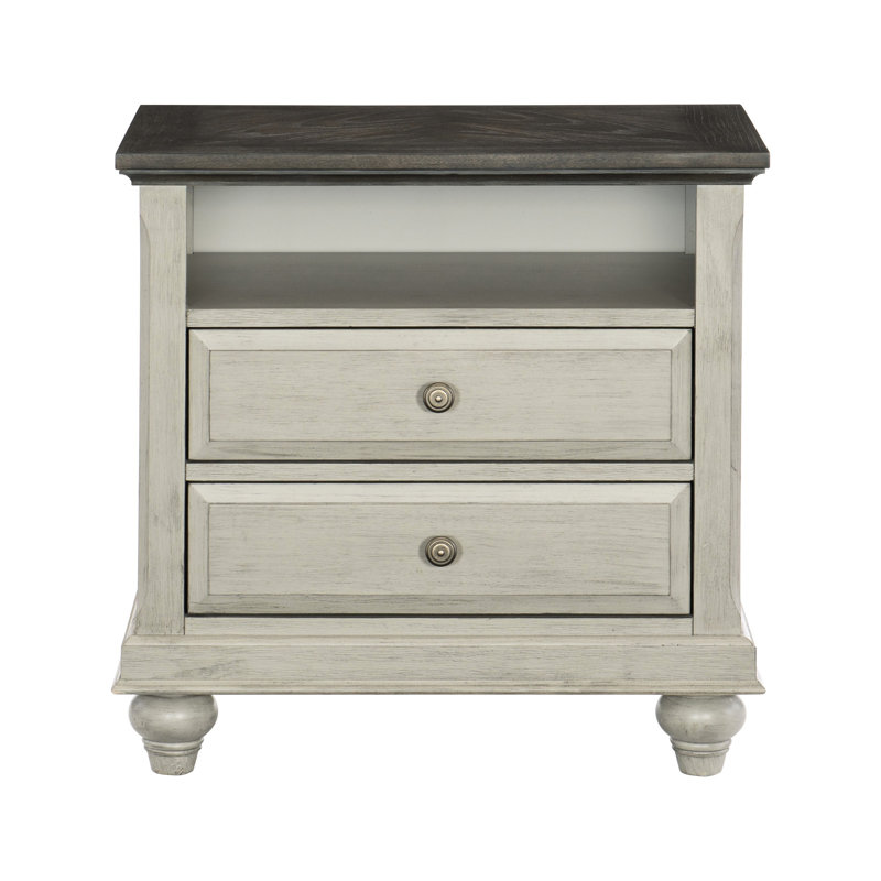 Table de chevet brun foncé avec 2 tiroirs coulissants et une tablette de corps grise