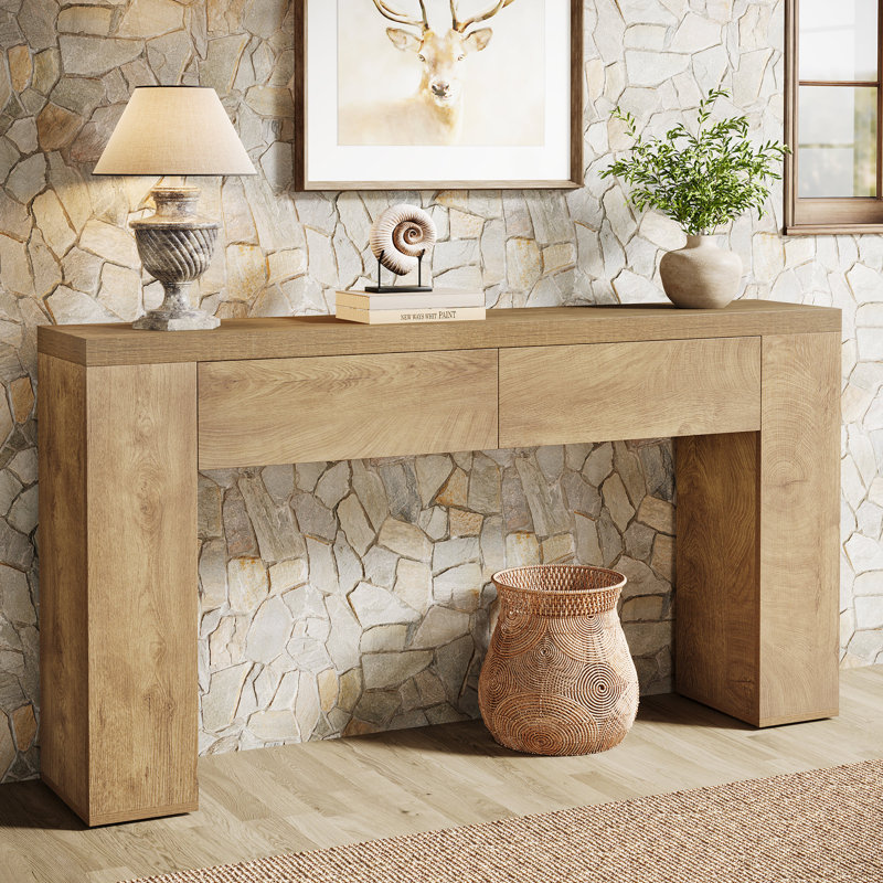 Console 63 po avec tiroirs, console pour salon, couloir, entrée, Marron clair