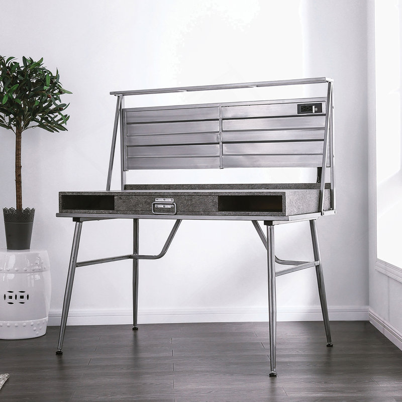 Bureau d'ordinateur industriel moderne avec port USB, un tiroir et deux tablettes, pieds en métal pour une durabilité et une fonctionnalité améliorées