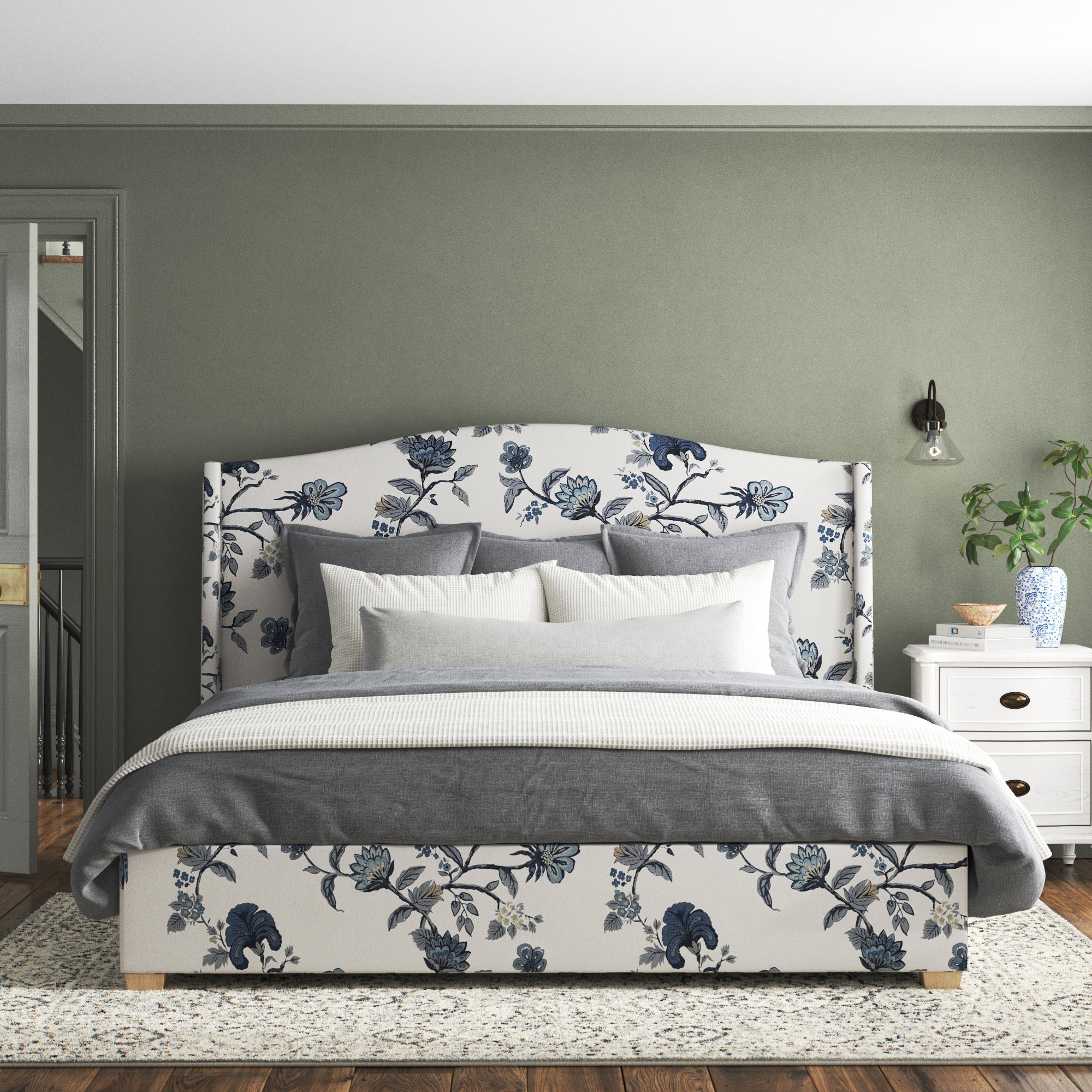 Allis Upholstered Wingback Bed, Shaana Indigo, Queen
