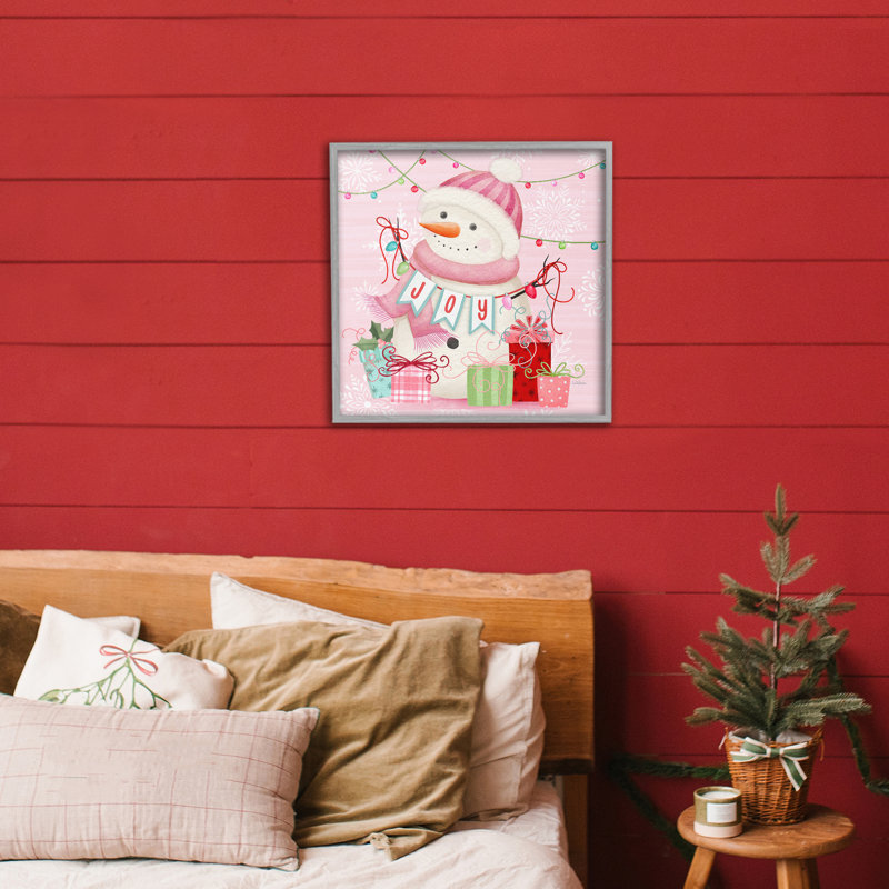 Giclée encadrée de bonhomme de neige rose, conception par Nicole Tamarin, H 17 po x l 17 po, Estampe numérique Farmhouse