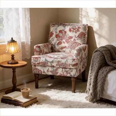 Farmhouse French Country Accent Arm Chair with Nailhead Trim, Solid Wood Legs, Soft Blue Floral Fabric Upholstery