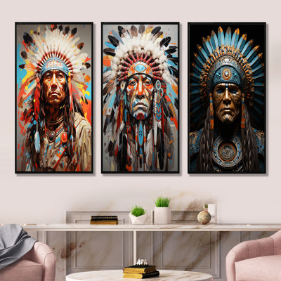 «Native American Warrior Portrait», ensemble d'art mural sur toile
