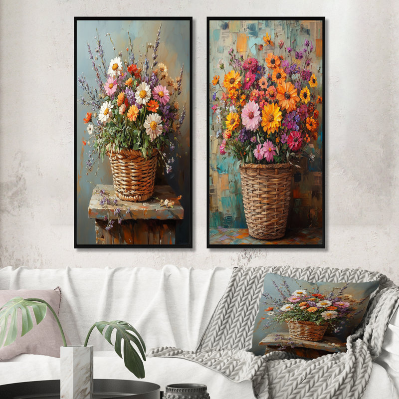 Ensemble de 2 pièces d'art mural Wildflowers, H 32 po x l 32 po, Cadre flottant noir