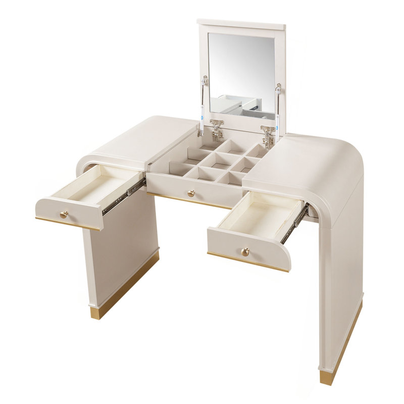 Bureau de coiffeuse classique en bois avec miroir rabattable, coiffeuse 3 en 1 avec 2 tiroirs et espace de rangement pour la chambre à coucher