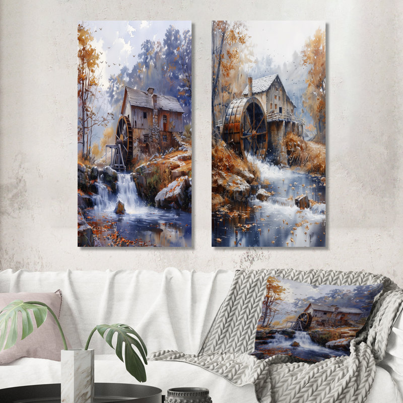 Ensemble de 2 pièces d'art mural gris et orange avec moulin à eau Wonder Mill I, H 32 po x l 32 po, Toile tendue sur cadre