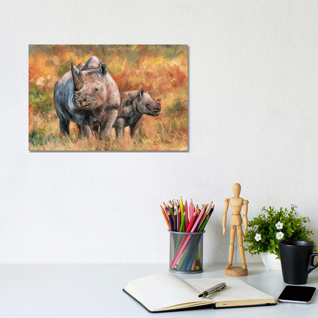 Nashorn und Baby von David Stribbling - Galerie-verpackte Leinwand Giclée