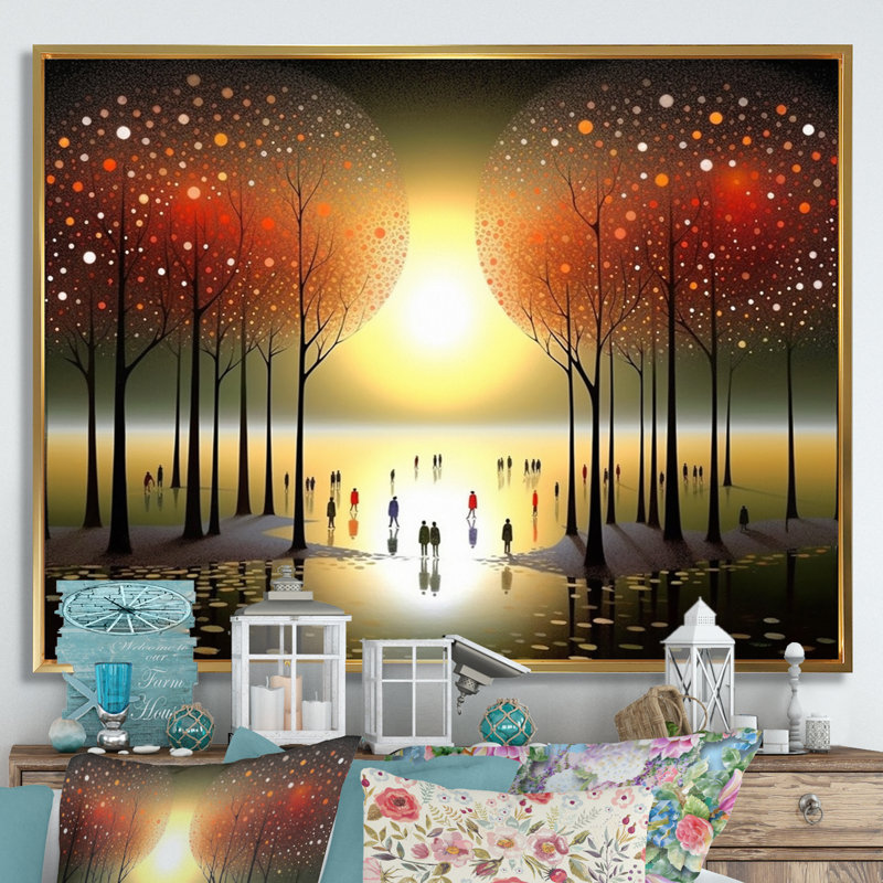Mysterious Asian Autumn Forest Full Moon sur impression sur toile, H 30 po x l 40 po, Cadre flottant doré