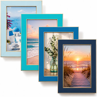 Picture Frames Set, Tempered Glass,Tabletop or Wall, Gold Trim, Modern