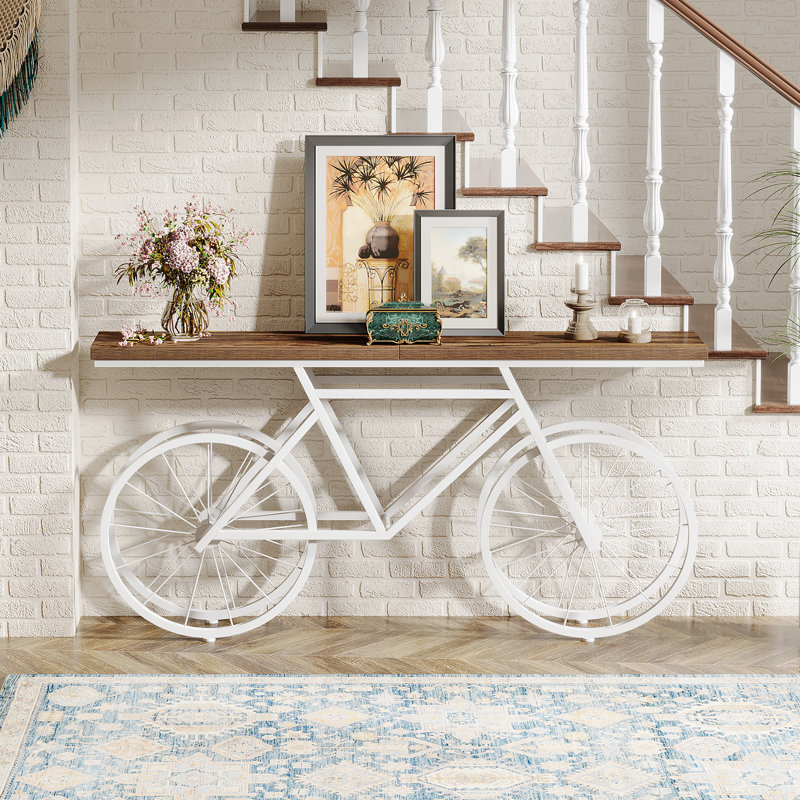 70.9'' Extra Long Console Table with Bicycle Base, Narrow Sofa Table Industrial Entryway Table, Rustic Brown, White