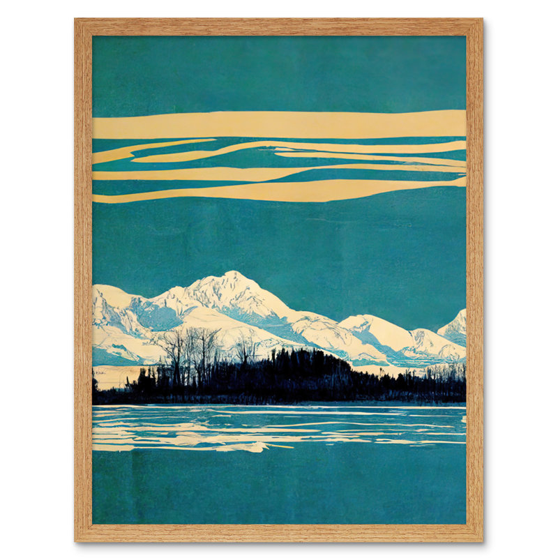 Winter Lakeside Landscape Snowy Mountains - Print, Light Brown Framed Paper, 25.9cm H x 20.6cm W