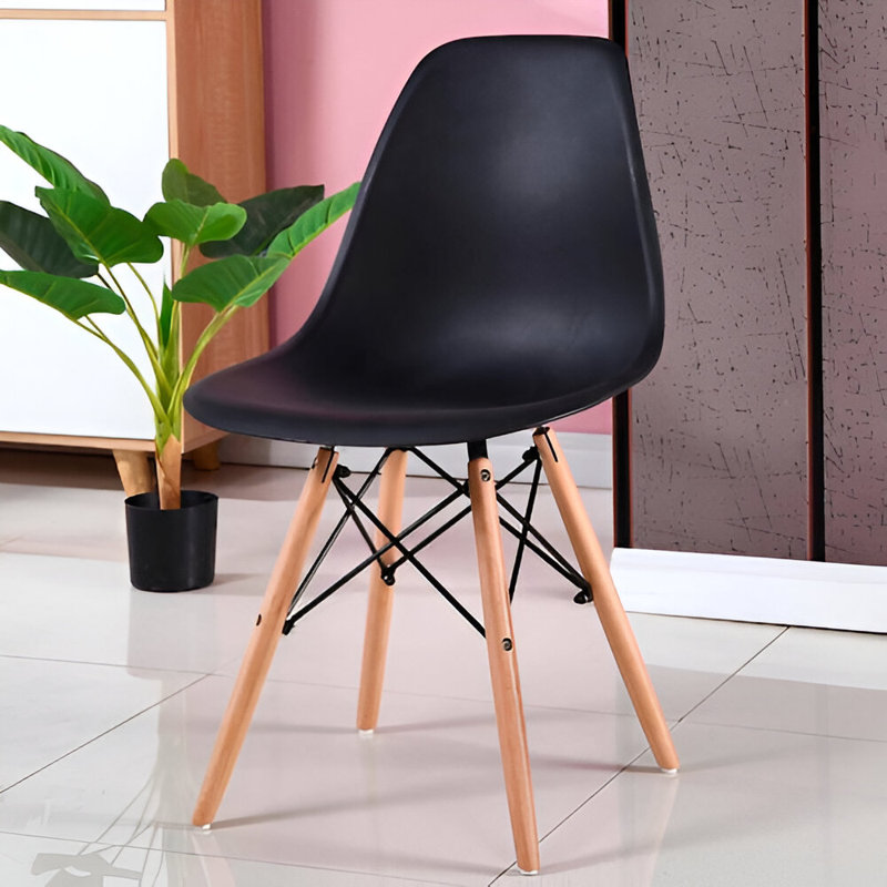 Plastic Shell Side Chairs with Eiffel Wooden Down-Legs (Set of 4), Black