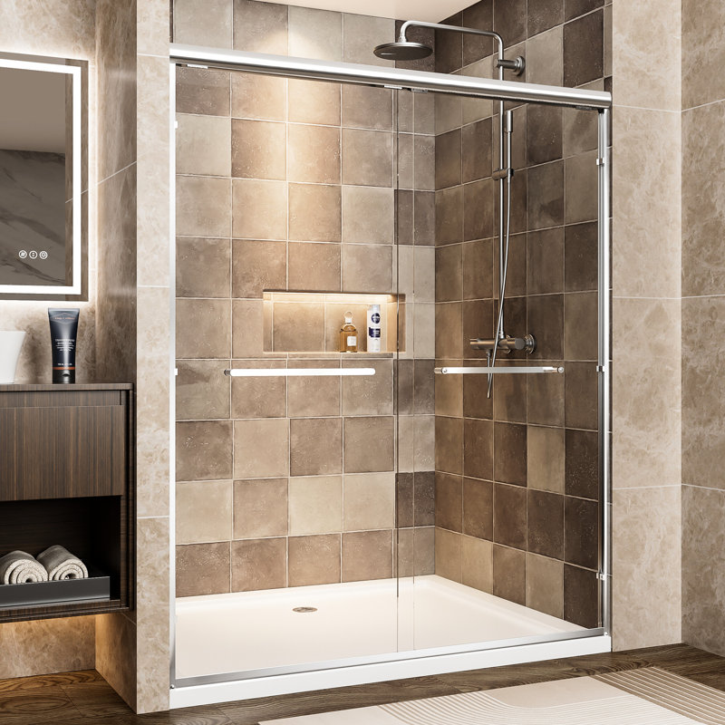 Aluminum Frame Double Sliding Shower Door, 60" Width, 72" Height, 1/4" (6mm) Tempered Glass With - Proof Film, Waterproof Design And Reversible, Bathroom Tall Door 6mm Clear Shatter Corrosion