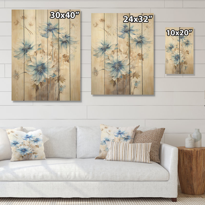 «Minimal Beige and Blue Cornflowers Expression» - Art mural en bois sur fond de bois de pin naturel, H 32 po x l 24 po