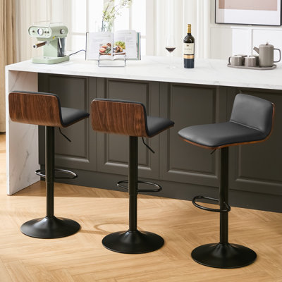 Modern Swivel Adjustable-Height Bar Stool with Walnut-Finish Bentwood Low Back