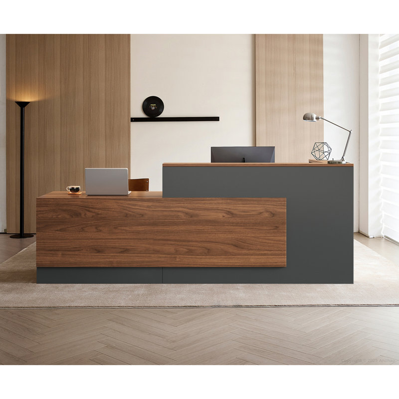 Bureau de réception en L avec comptoir, 41.3" H x 86.6" W x 23.6" D, Brown/Brown+Grey