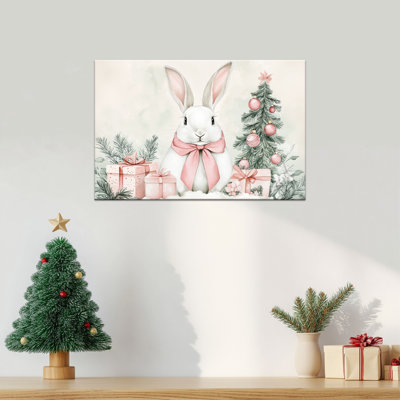 Large Abiel Decor - Lapin blanc avec un arc rose, scène d'hiver, impressions sur toile, arbre de Noël, affiche, art des Fêtes pour le salon, la cuisine de la chambre à coucher, 24 po x 36 po