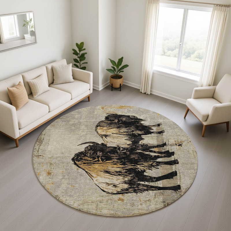 Premium Machine Washable Mayfield AMF2245 Animal Rug, 8' Round, Khaki
