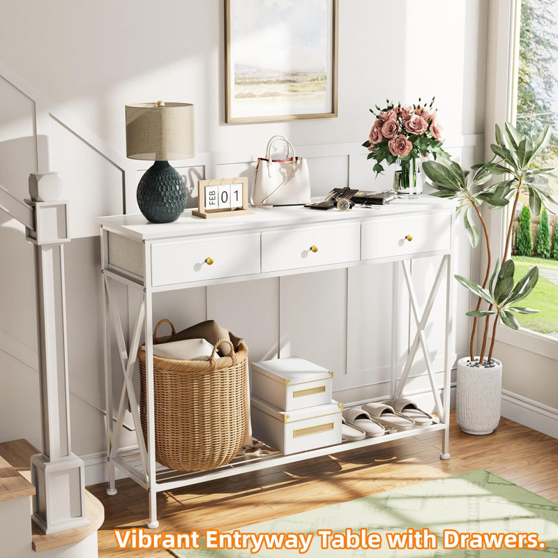Entryway Table Console Sofa Table with 3 Fabric Drawers Modern Behind Couch Table Hallway White