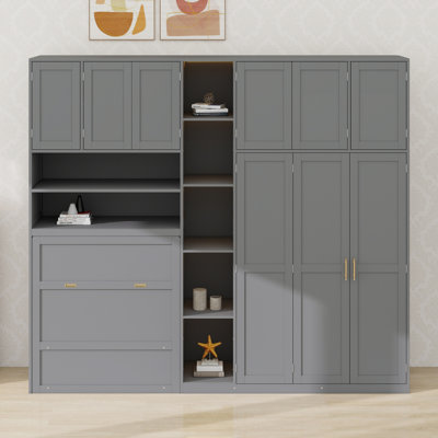 Murphy Cabinet Bed with Wardrobe and Storage Shelves,  LED Display Shelves and Overhead Cabinets