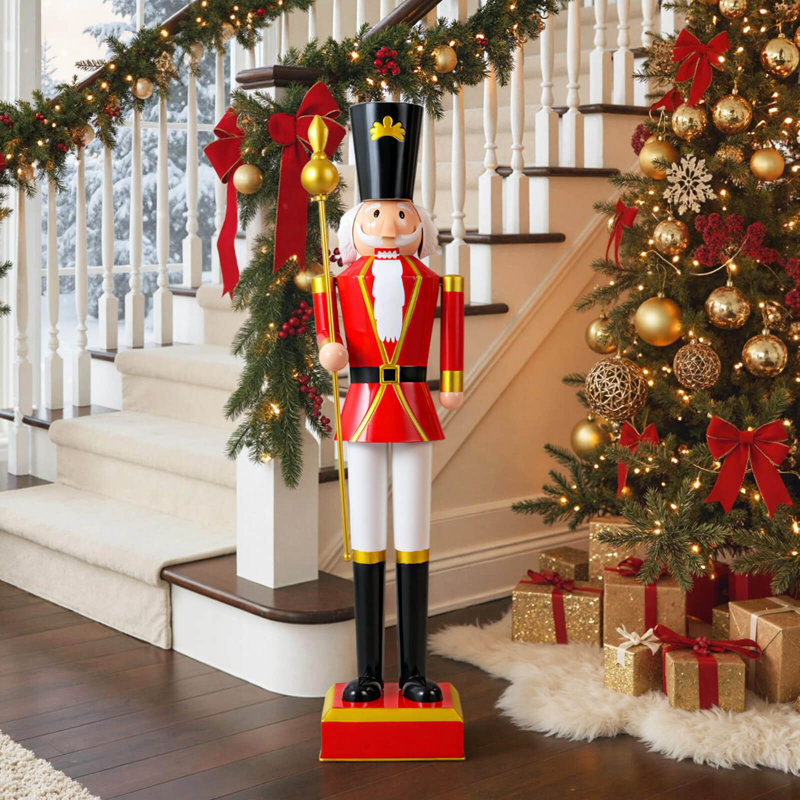 Casse-noisette de Noël 4 pi avec chapeau haut de forme et magnifique sceptre, uniforme et bottes pour la cour - noir et rouge